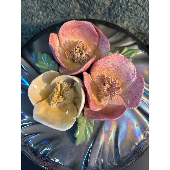 Black Luster Covered Bowl with Ceramic Flowers on Top MCM - Picture 6 of 8